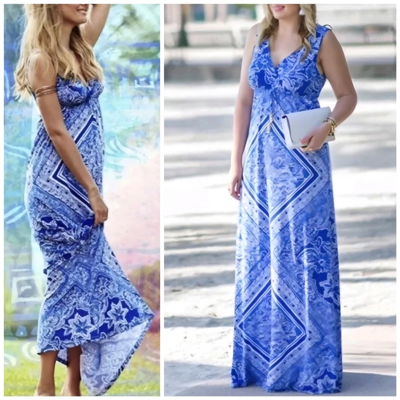 Lilly Pulitzer Blue White Drawstring Waist Miraflora Maxi Dress, XL - Picture 13 of 13